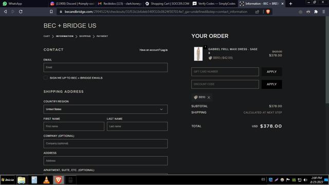 Bec & Bridge checkout page showing Bec & Bridge promo code box | Screenshot taken by SimplyCodes community member on Aug 25, 2023