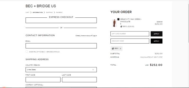 Bec & Bridge checkout page showing Bec & Bridge promo code box | Screenshot taken by SimplyCodes community member on Apr 29, 2023