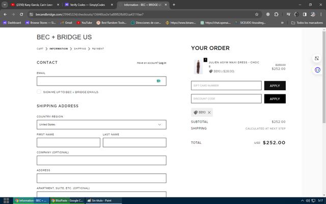 Bec & Bridge checkout page showing Bec & Bridge promo code box | Screenshot taken by SimplyCodes community member on Dec 22, 2023