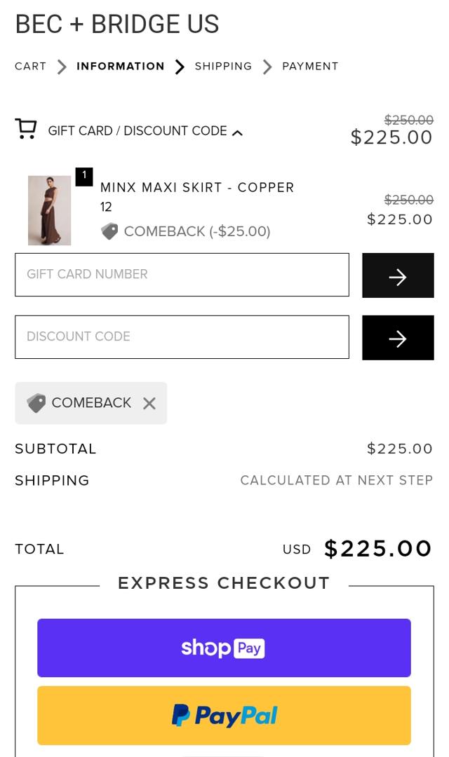 Bec & Bridge checkout page showing Bec & Bridge promo code box | Screenshot taken by SimplyCodes community member on Jun 14, 2022