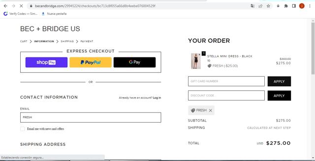 Bec & Bridge checkout page showing Bec & Bridge promo code box | Screenshot taken by SimplyCodes community member on Jul 4, 2022