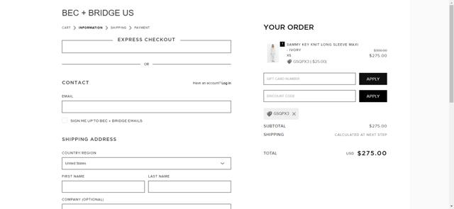 Bec & Bridge checkout page showing Bec & Bridge promo code box | Screenshot taken by SimplyCodes community member on Sep 13, 2023