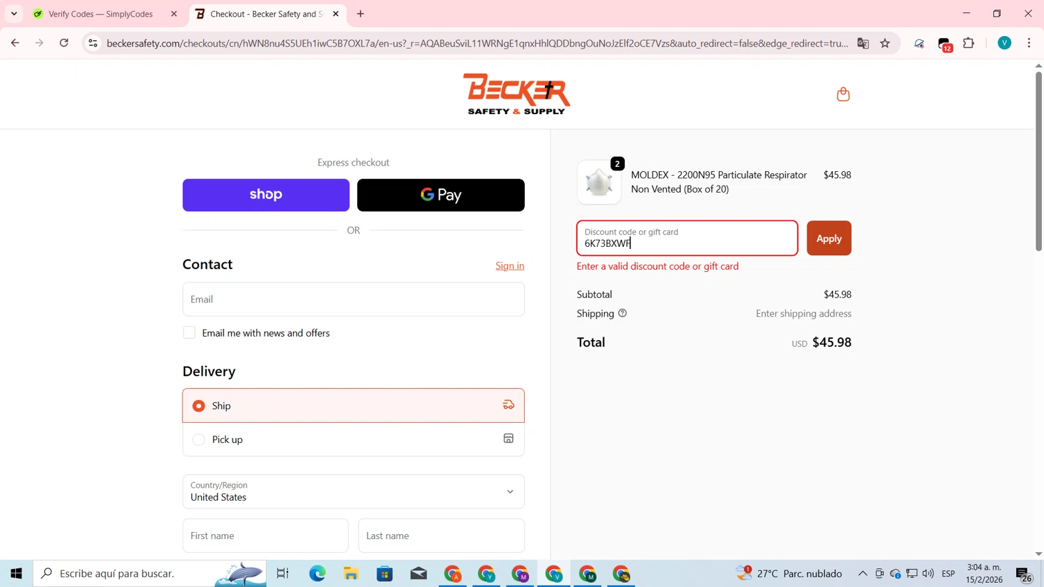 Becker Safety and Supply promo code screenshot showing code 6K73BXWF applied at Becker Safety and Supply checkout page. Uploaded by SimplyCodes community member lyffytaro on Feb 15, 2026