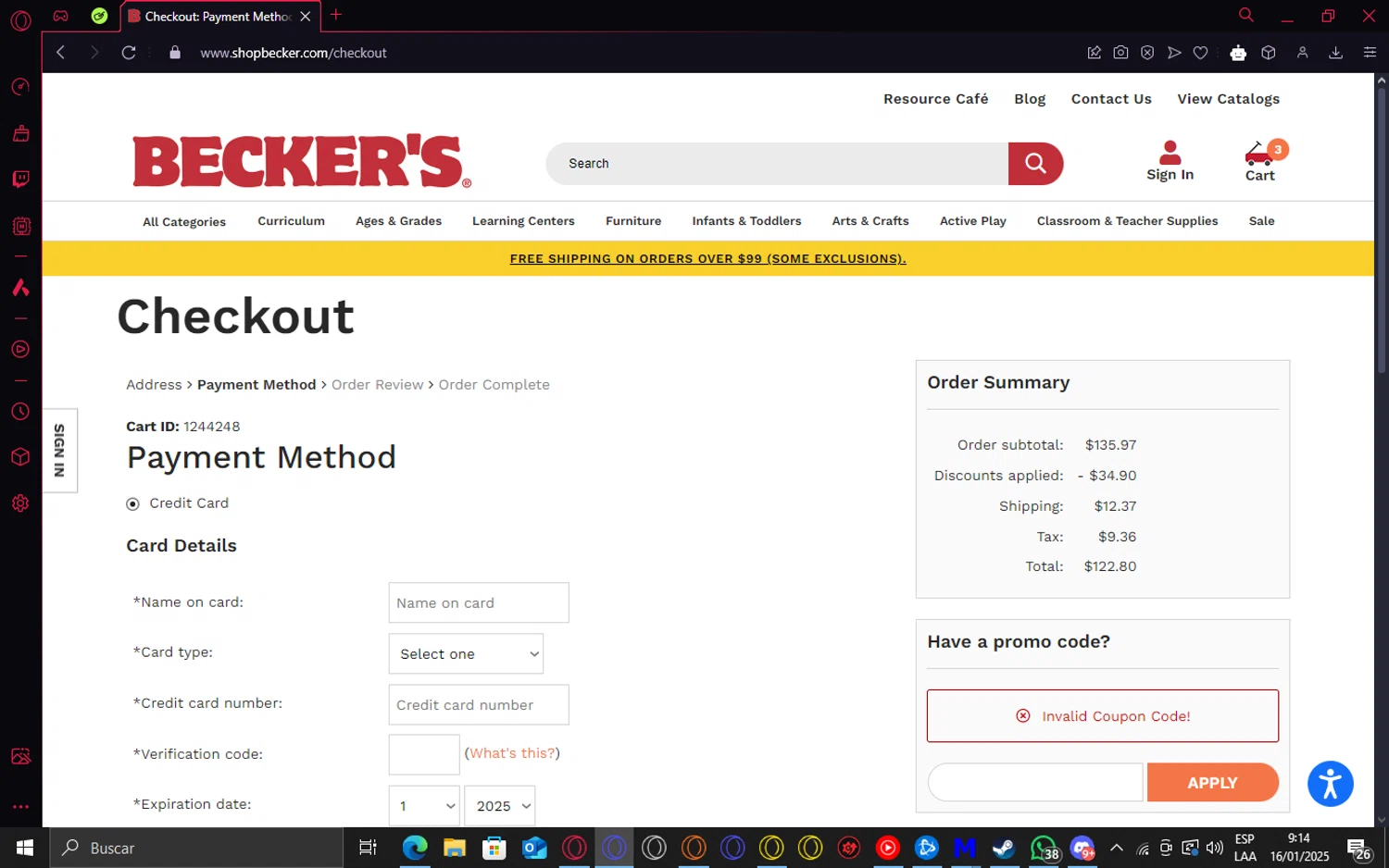 Becker's School Supplies promo code screenshot showing code YES24 applied at Becker's School Supplies checkout page. Uploaded by SimplyCodes community member GiornoGiovanna on Jan 16, 2025