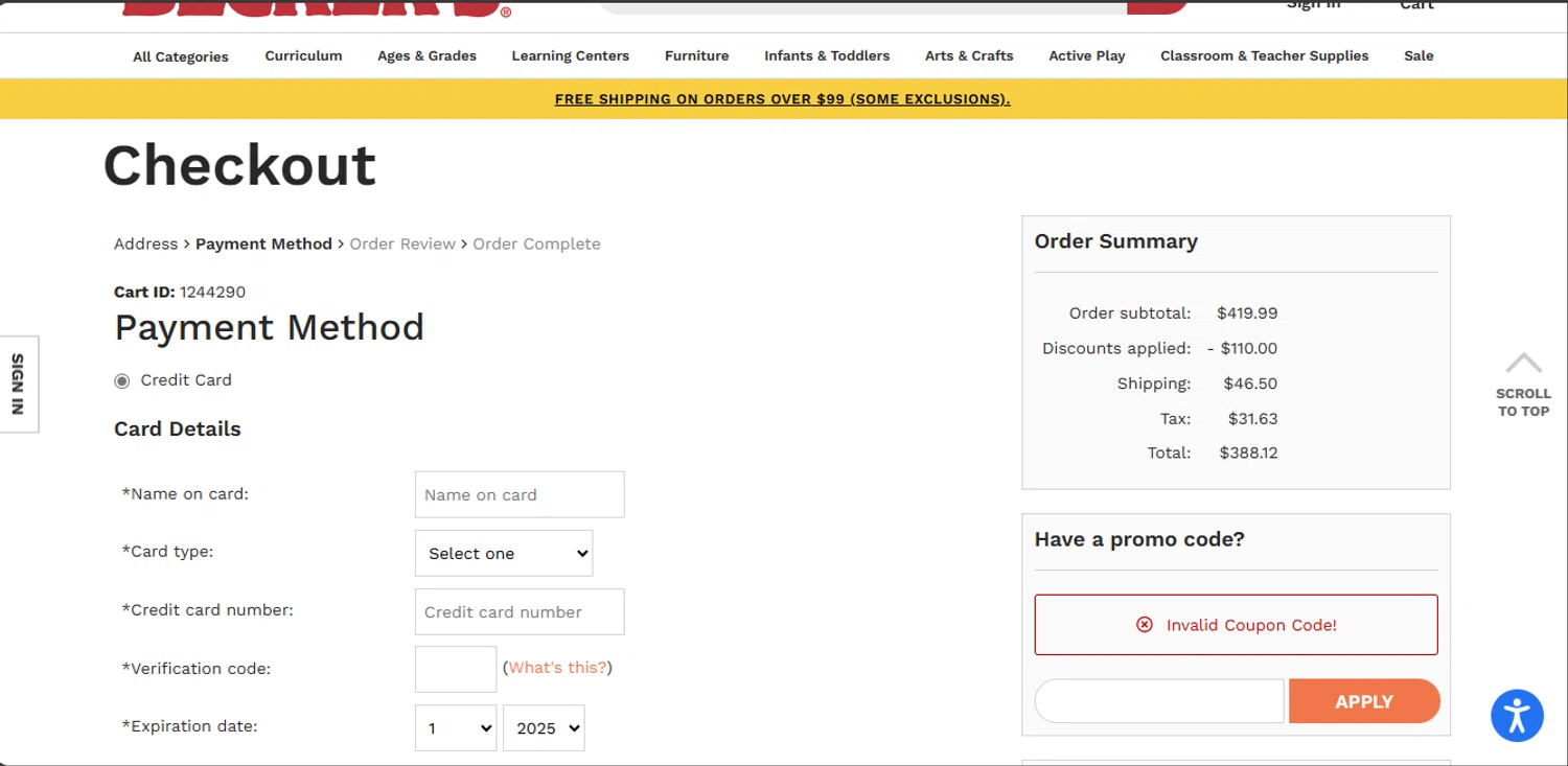 Becker's School Supplies promo code screenshot showing code YES24 applied at Becker's School Supplies checkout page. Uploaded by SimplyCodes community member jupitera on Jan 16, 2025