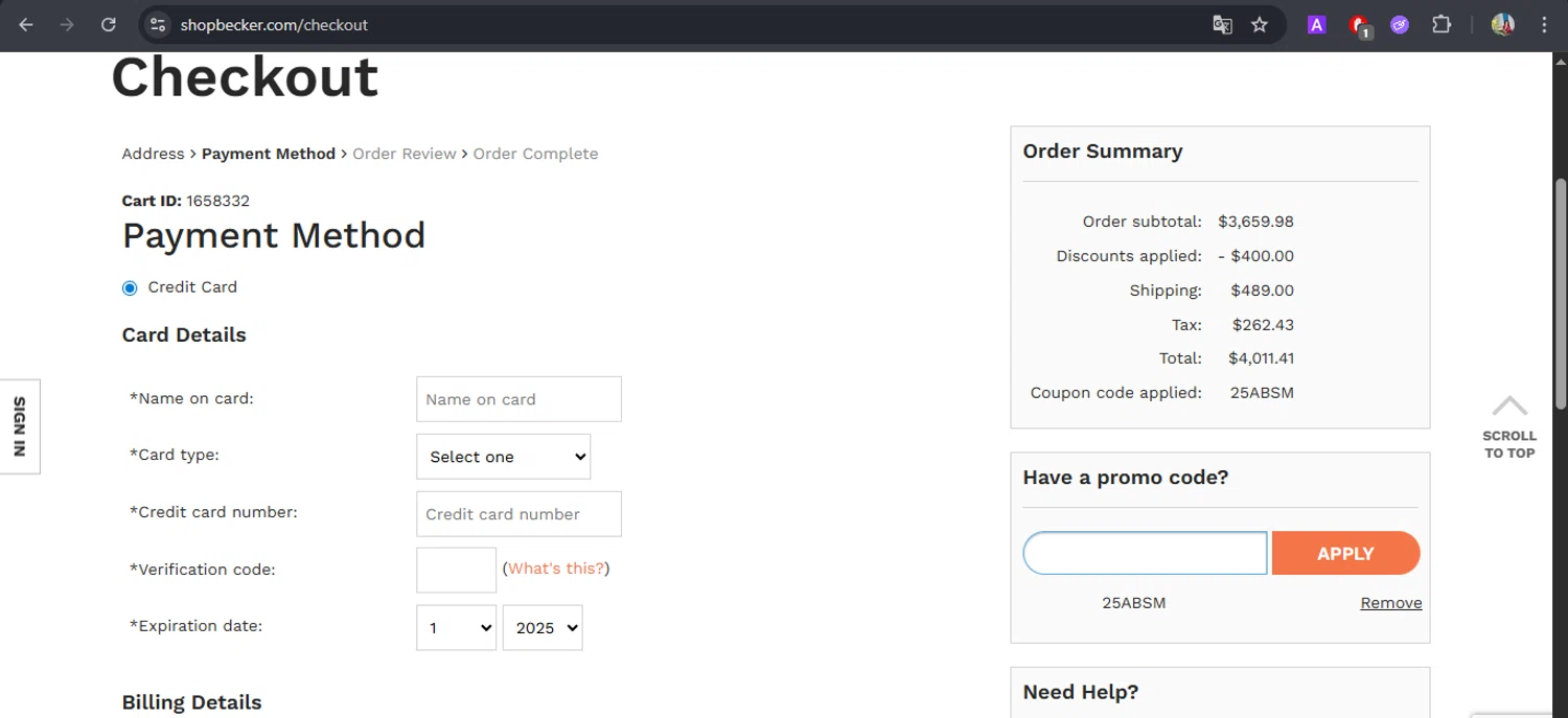 Becker's School Supplies promo code screenshot showing code 25ABSM applied at Becker's School Supplies checkout page. Uploaded by SimplyCodes community member BrilliantFox7966 on Sep 22, 2025