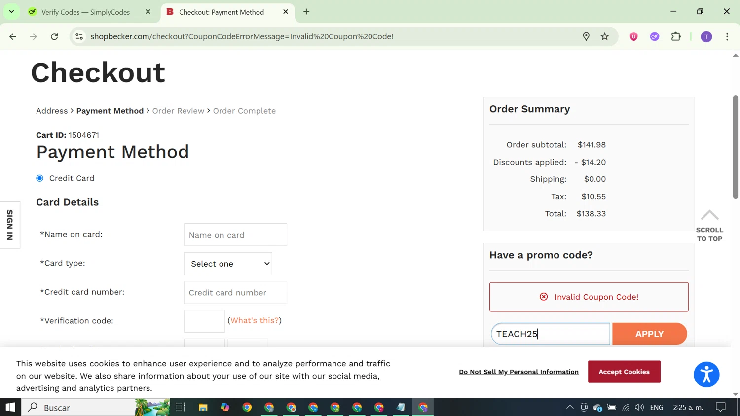 Becker's School Supplies promo code screenshot showing code TEACH25 applied at Becker's School Supplies checkout page. Uploaded by SimplyCodes community member FortunateCurator5882 on Jun 23, 2025
