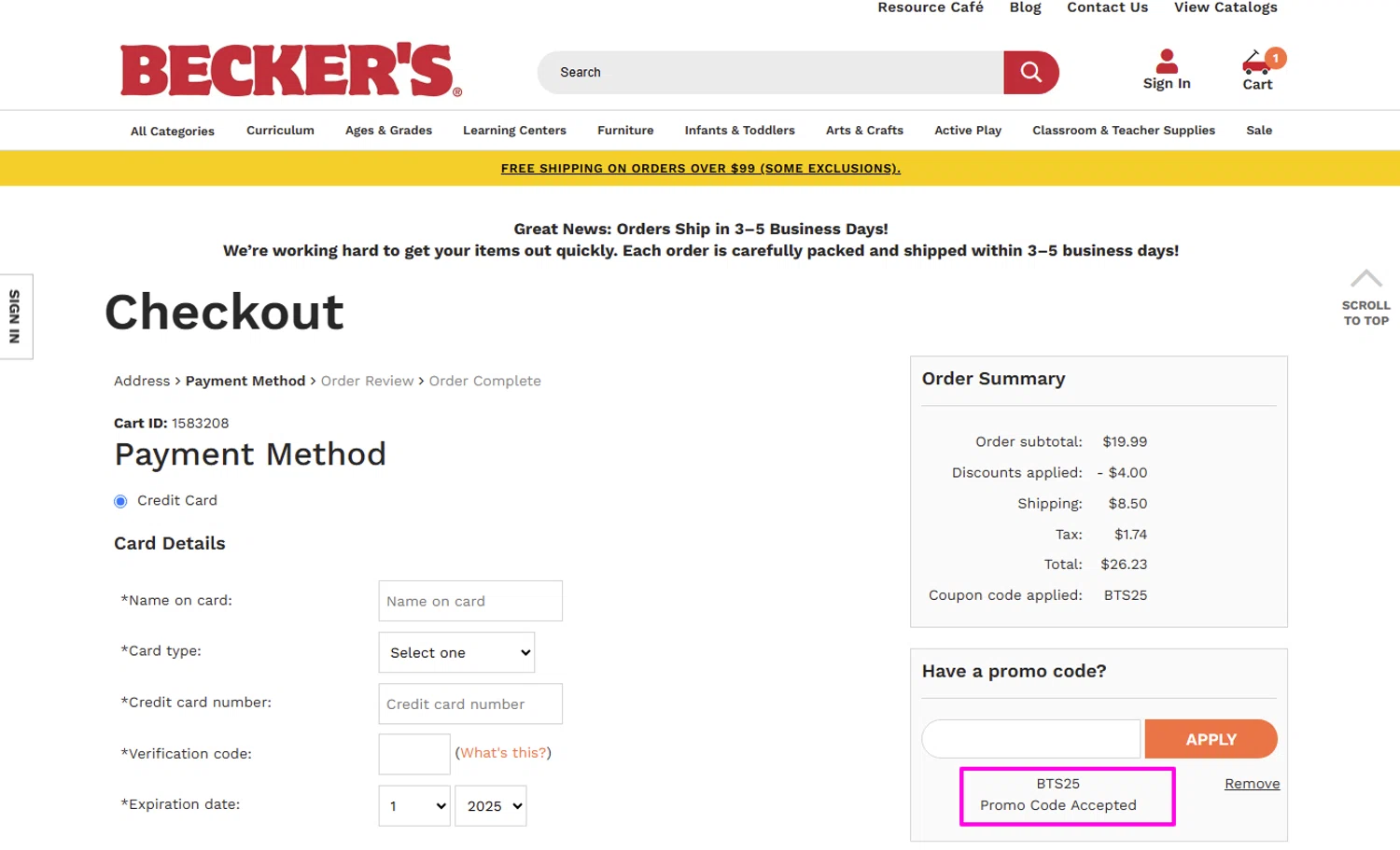 Becker's School Supplies promo code screenshot showing code BTS25 applied at Becker's School Supplies checkout page. Uploaded by SimplyCodes community member mrdarcy on Aug 8, 2025