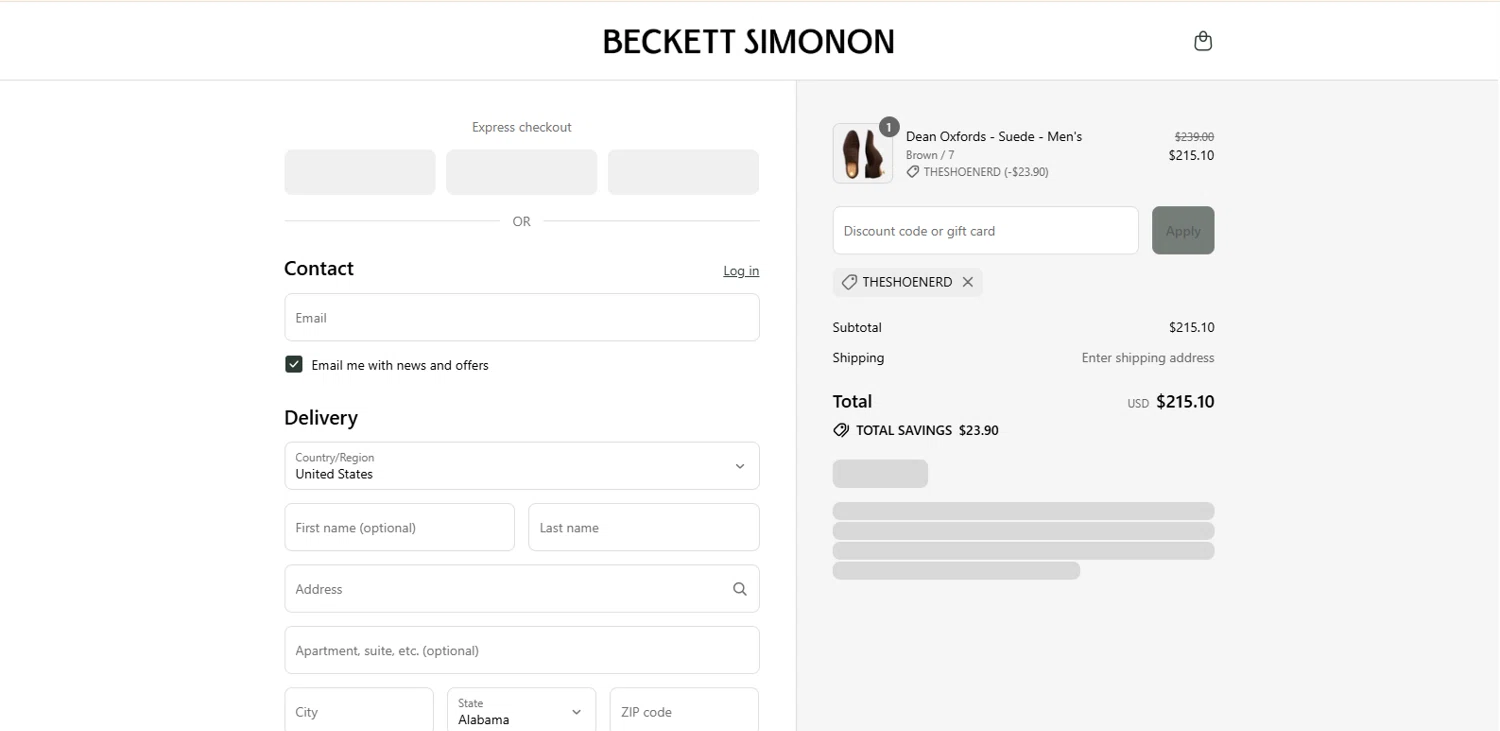Beckett Simonon discount code screenshot showing code theshoenerd applied at Beckett Simonon checkout page. Uploaded by SimplyCodes community member Alydrop on Aug 23, 2025