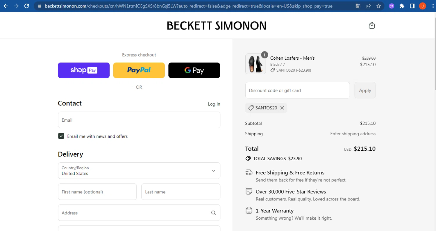 Beckett Simonon discount code screenshot showing code SANTOS20 applied at Beckett Simonon checkout page. Uploaded by SimplyCodes community member FranquizJoel on Aug 17, 2025