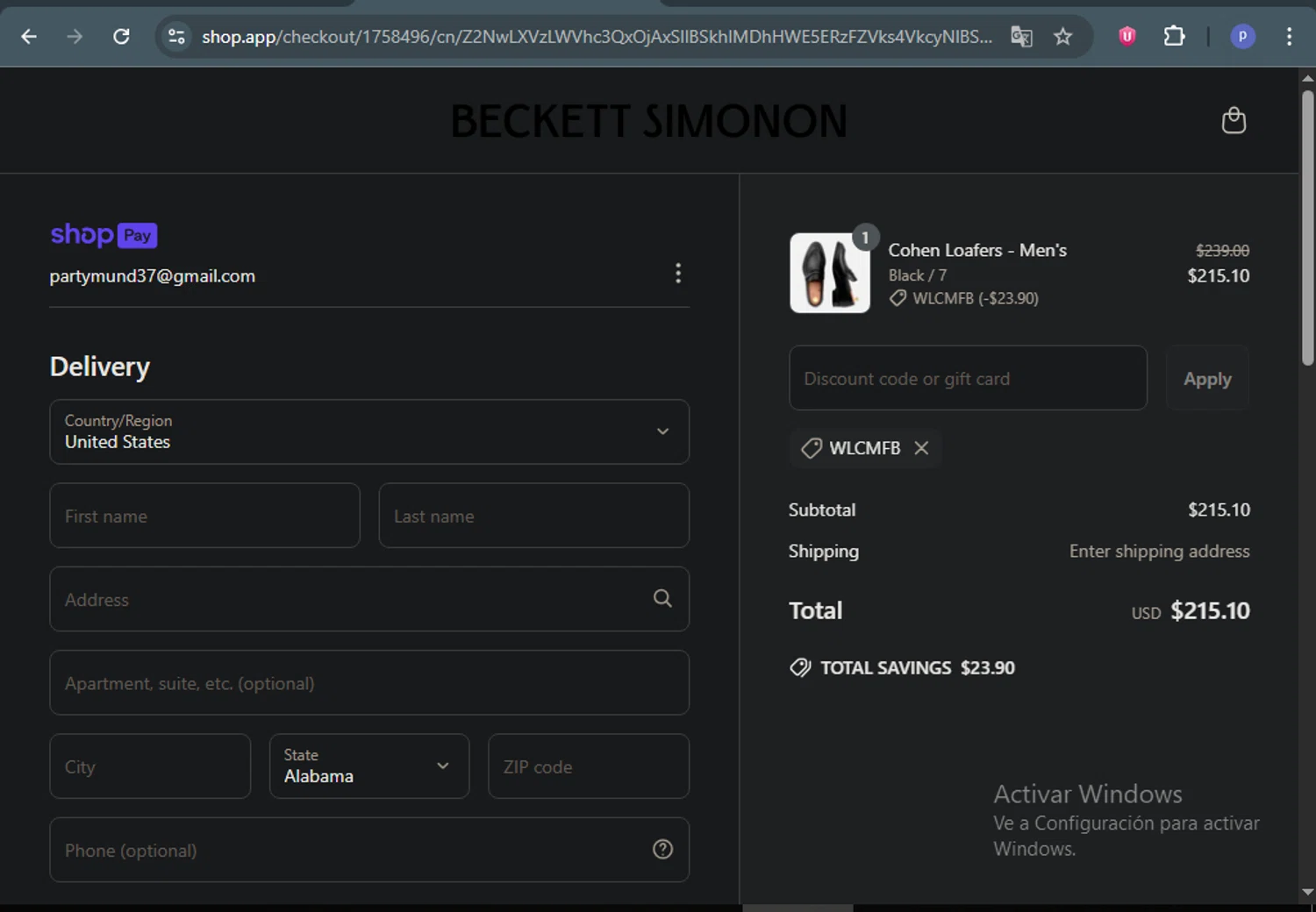 Beckett Simonon discount code screenshot showing code WLCMFB applied at Beckett Simonon checkout page. Uploaded by SimplyCodes community member DealAce9542 on Jun 22, 2025