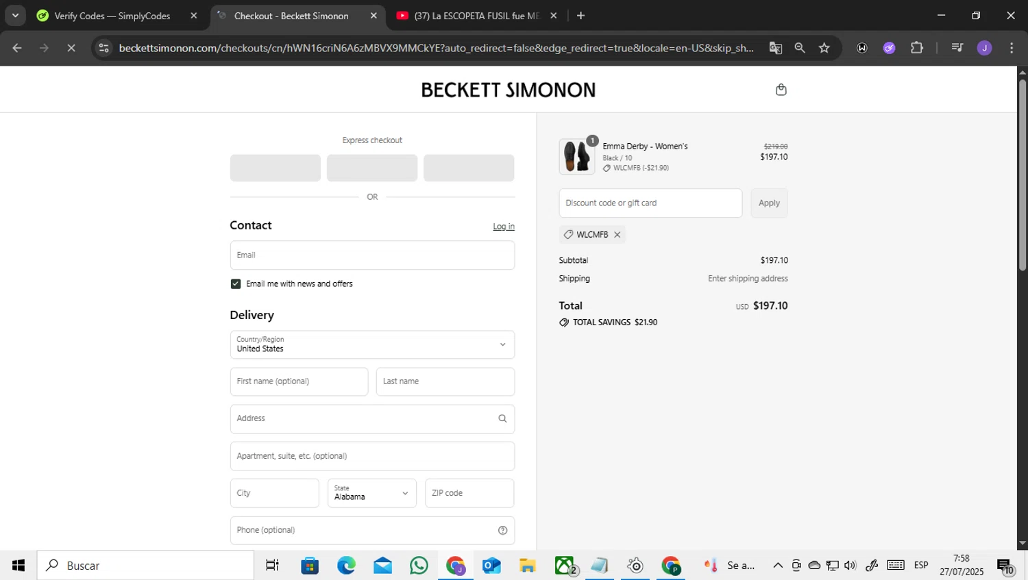 Beckett Simonon discount code screenshot showing code WLCMFB applied at Beckett Simonon checkout page. Uploaded by SimplyCodes community member ENCARAMESSI on Jul 27, 2025