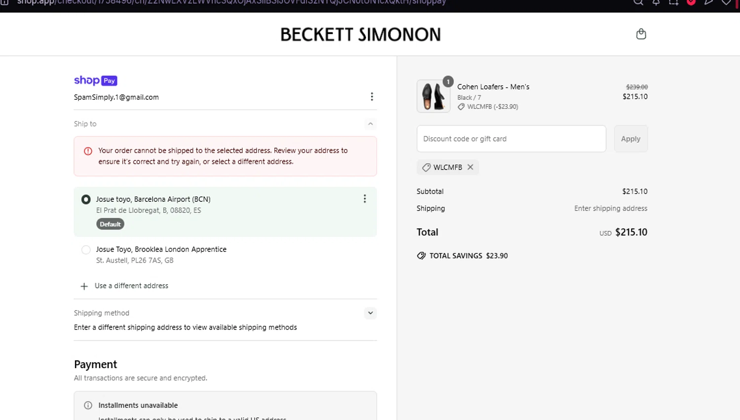 Beckett Simonon discount code screenshot showing code WLCMFB applied at Beckett Simonon checkout page. Uploaded by SimplyCodes community member THEBANANA on Jun 22, 2025
