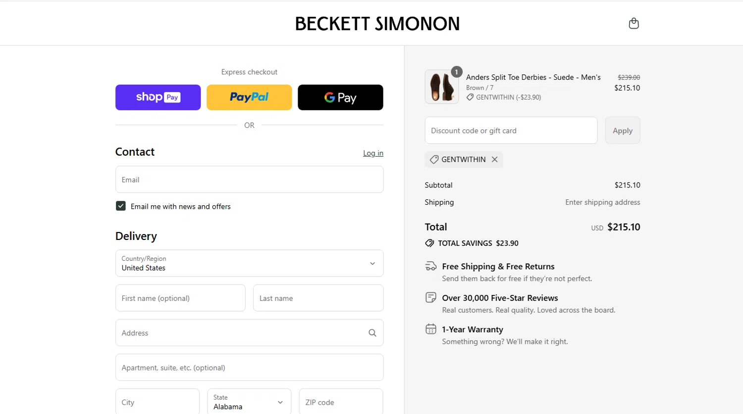 Beckett Simonon discount code screenshot showing code GENTWITHIN applied at Beckett Simonon checkout page. Uploaded by SimplyCodes community member karelisdayana on Aug 17, 2025