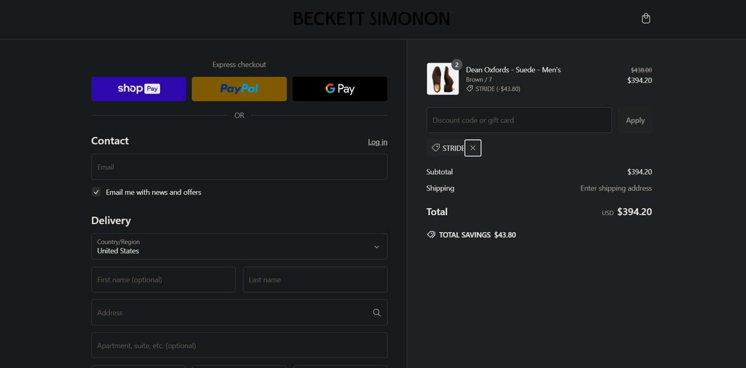 Beckett Simonon discount code screenshot showing code STRIDE applied at Beckett Simonon checkout page. Uploaded by SimplyCodes community member Ray_YNN on Feb 13, 2025
