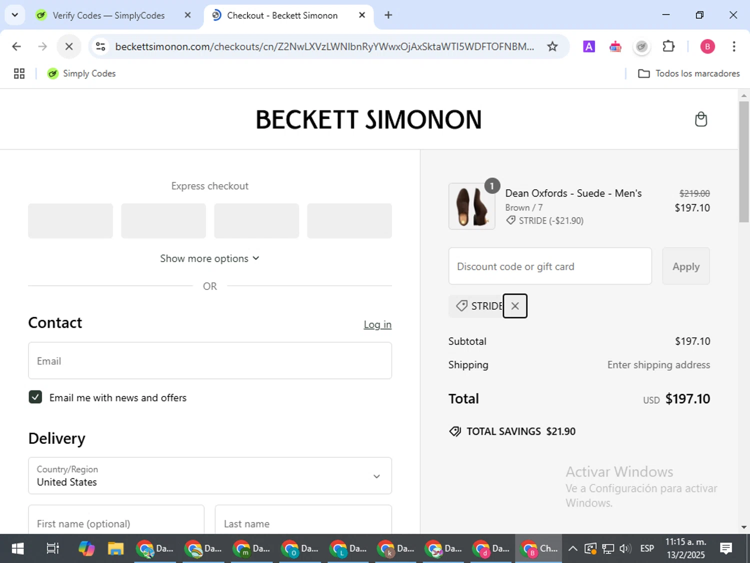 Beckett Simonon discount code screenshot showing code STRIDE applied at Beckett Simonon checkout page. Uploaded by SimplyCodes community member bombontropical on Feb 13, 2025