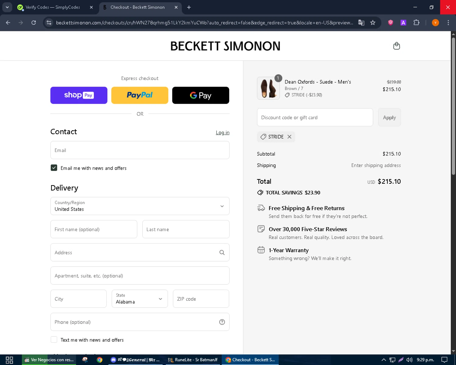 Beckett Simonon discount code screenshot showing code STRIDE applied at Beckett Simonon checkout page. Uploaded by SimplyCodes community member bulbasaur69 on Aug 23, 2025