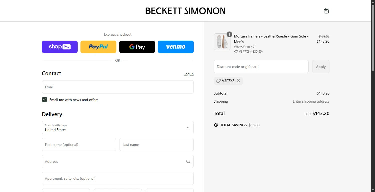 Beckett Simonon discount code screenshot showing code V3P7X8 applied at Beckett Simonon checkout page. Uploaded by SimplyCodes community member BargainMonarch8220 on Jun 18, 2025