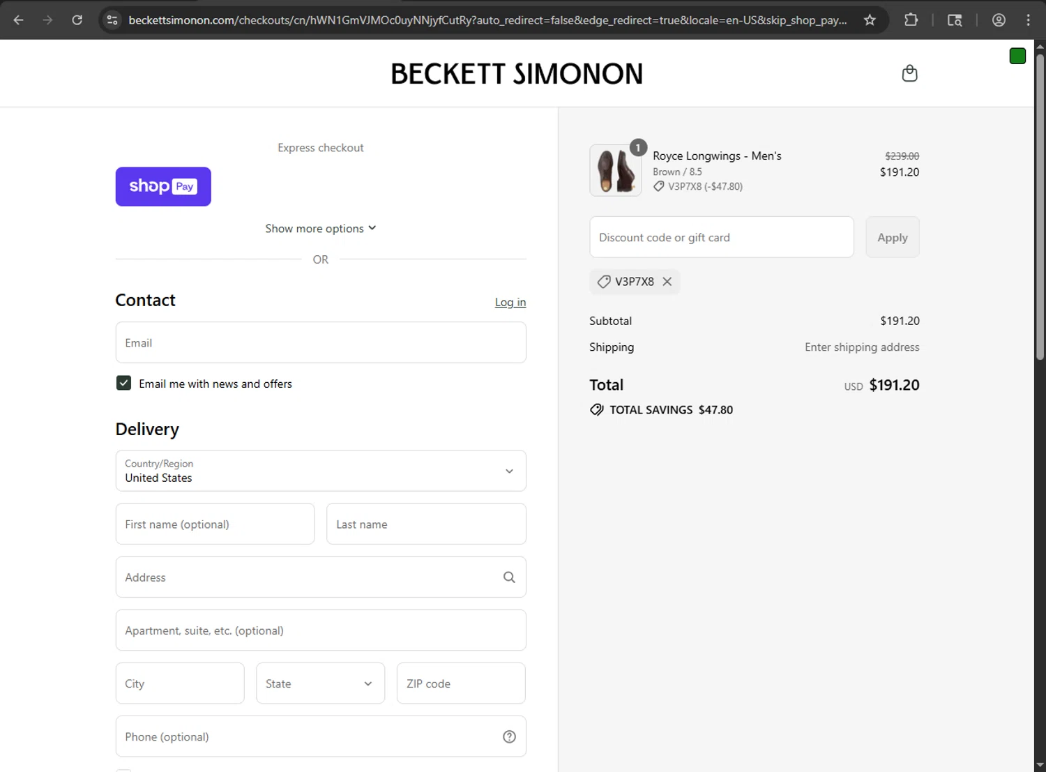 Beckett Simonon discount code screenshot showing code V3P7X8 applied at Beckett Simonon checkout page. Uploaded by SimplyCodes community member MAHORAGA on Jul 31, 2025