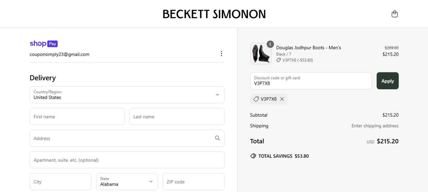 Beckett Simonon discount code screenshot showing code V3P7X8 applied at Beckett Simonon checkout page. Uploaded by SimplyCodes community member Myrulesmagazine23 on Jun 18, 2025