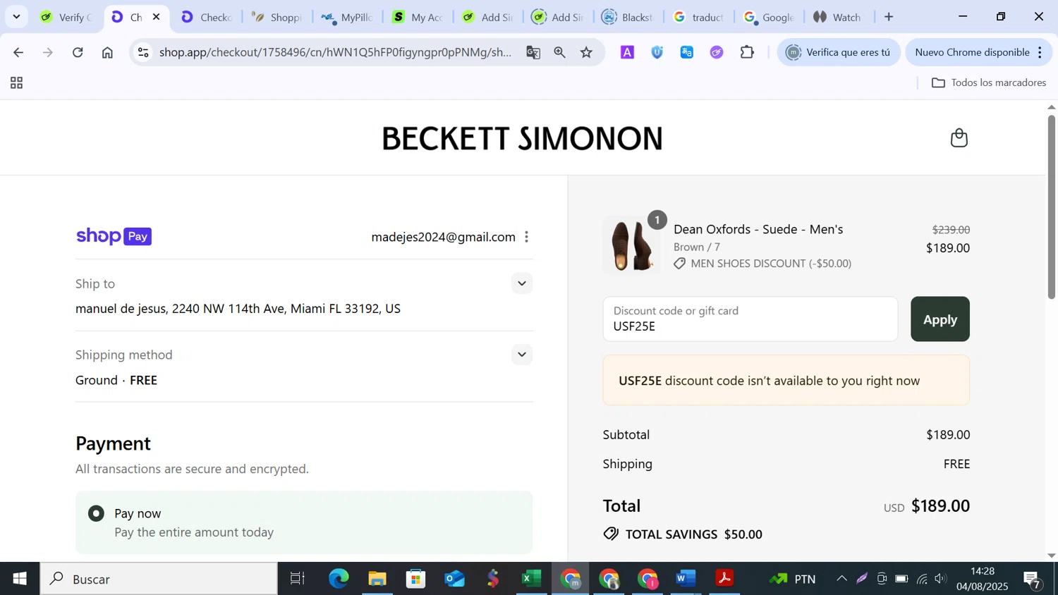 Beckett Simonon discount code screenshot showing code USF25E applied at Beckett Simonon checkout page. Uploaded by SimplyCodes community member MANUELURBINA on Aug 4, 2025