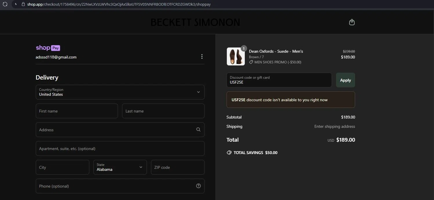 Beckett Simonon discount code screenshot showing code USF25E applied at Beckett Simonon checkout page. Uploaded by SimplyCodes community member NobleCollector3799 on Jun 18, 2025