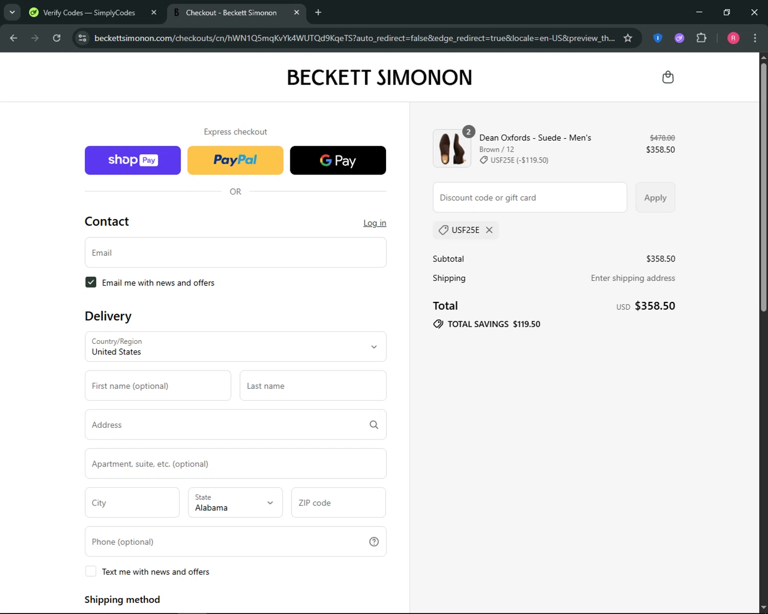 Beckett Simonon discount code screenshot showing code USF25E applied at Beckett Simonon checkout page. Uploaded by SimplyCodes community member ThriftyGuardian8485 on Aug 4, 2025