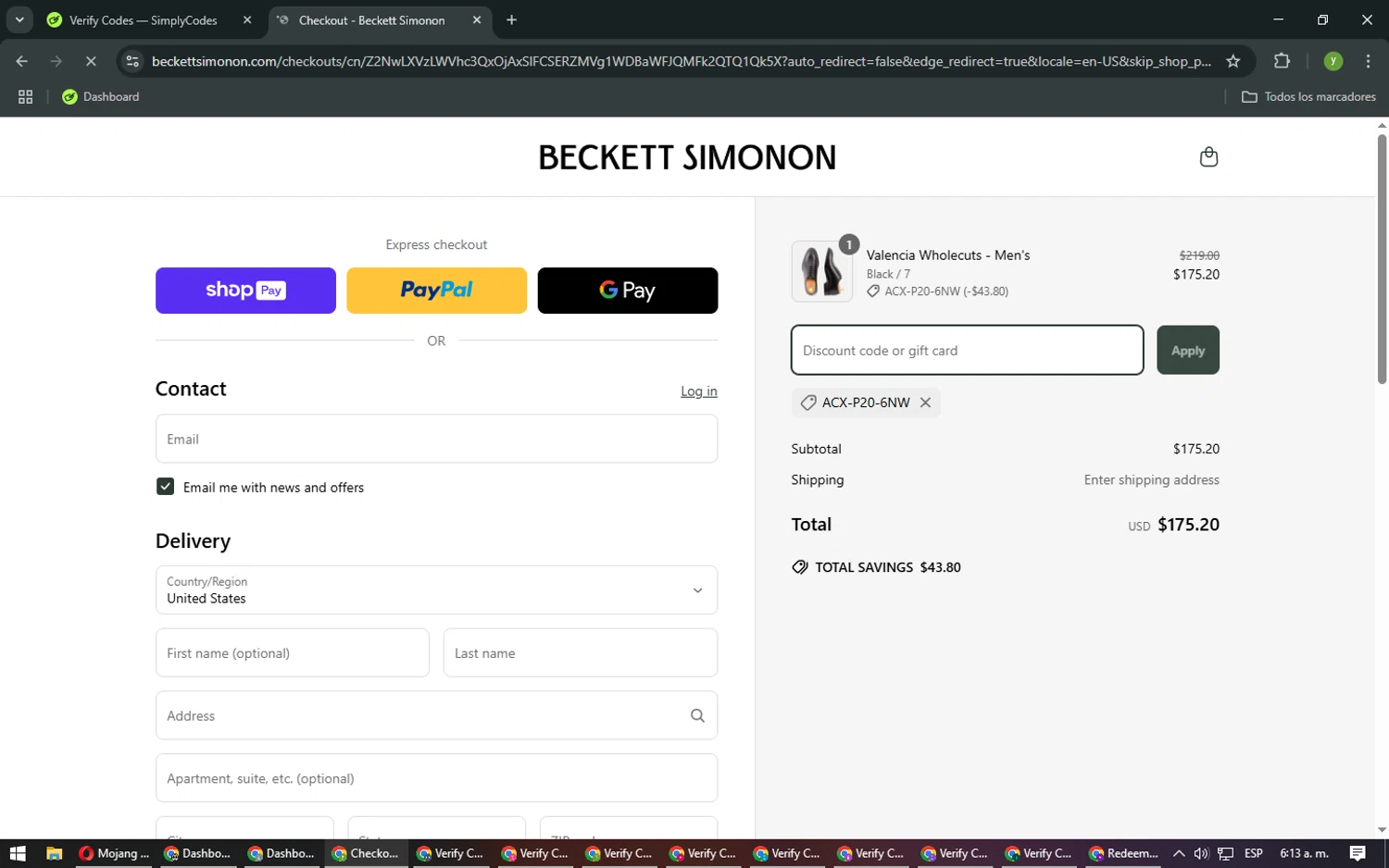 Beckett Simonon discount code screenshot showing code ACX-P20-6NW applied at Beckett Simonon checkout page. Uploaded by SimplyCodes community member NobleMaestro676 on Mar 27, 2025