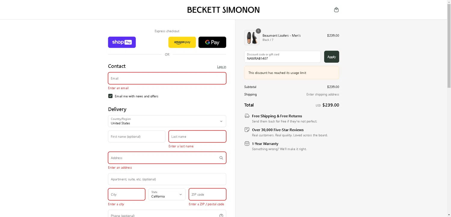 Beckett Simonon discount code screenshot showing code NAMRA81407 applied at Beckett Simonon checkout page. Uploaded by SimplyCodes community member DealHunter6996 on Aug 28, 2025