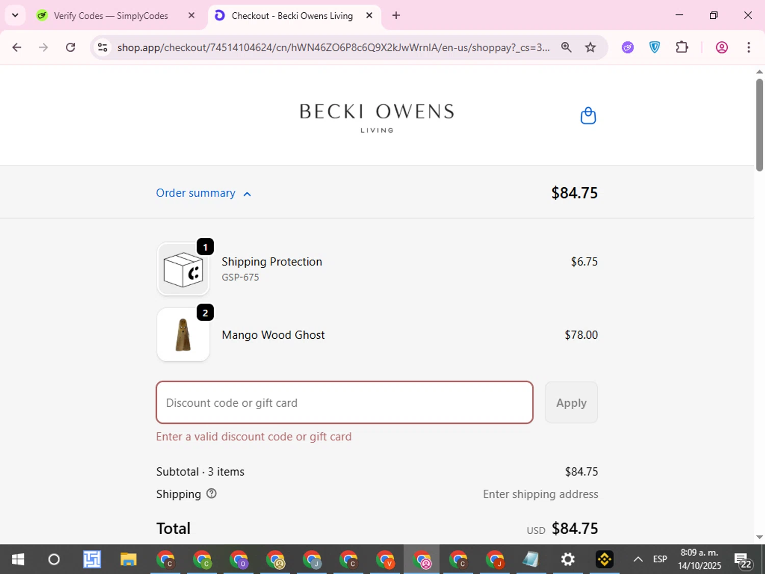 Becki Owens Living promo code screenshot showing code FV459S9XCV applied at Becki Owens Living checkout page. Uploaded by SimplyCodes community member QuestCurator1644 on Oct 14, 2025