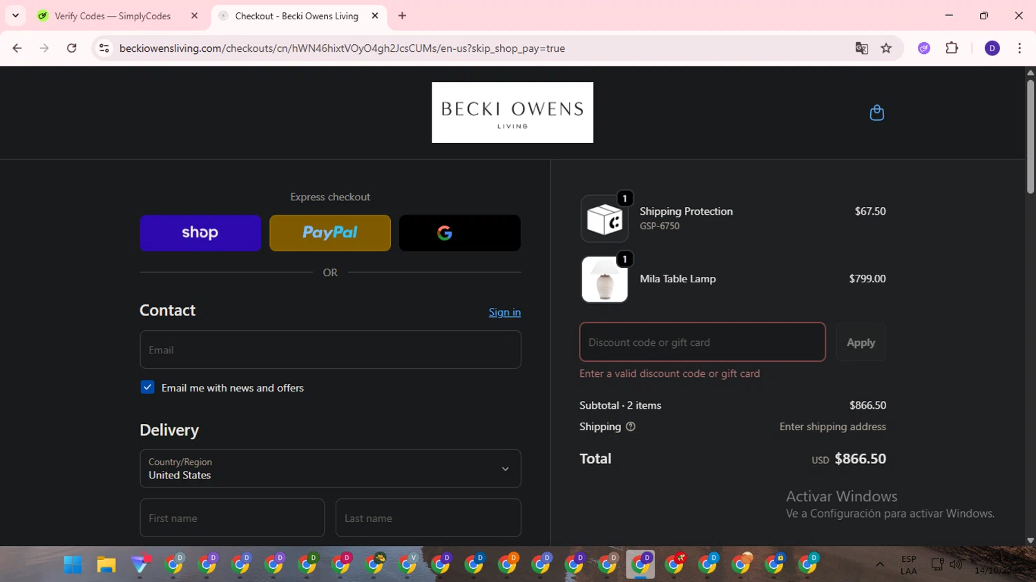 Becki Owens Living promo code screenshot showing code FV459S9XCV applied at Becki Owens Living checkout page. Uploaded by SimplyCodes community member WonderLion2890 on Oct 14, 2025