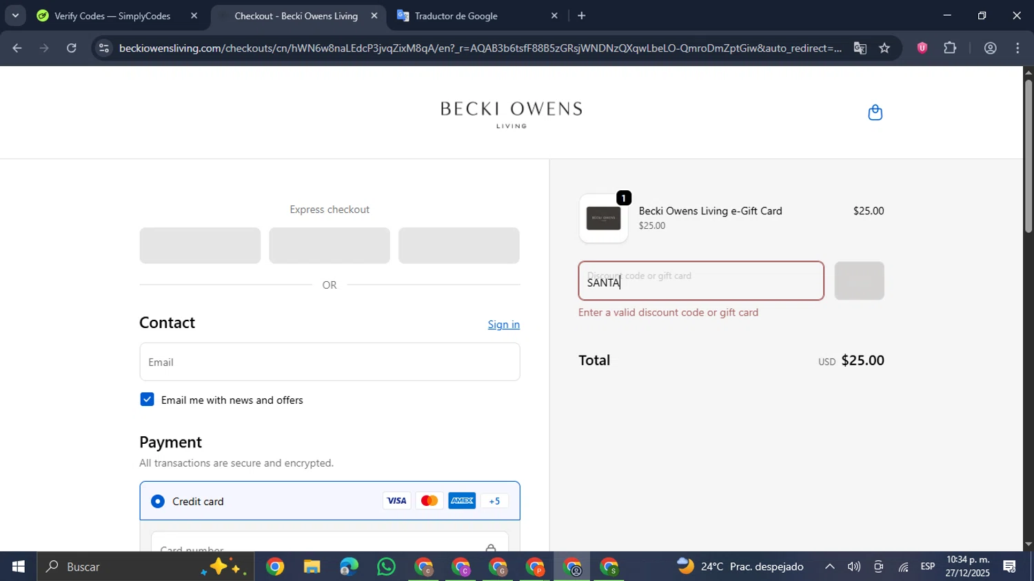 Becki Owens Living promo code screenshot showing code SANTA applied at Becki Owens Living checkout page. Uploaded by SimplyCodes community member GloriousDefender7889 on Dec 28, 2025