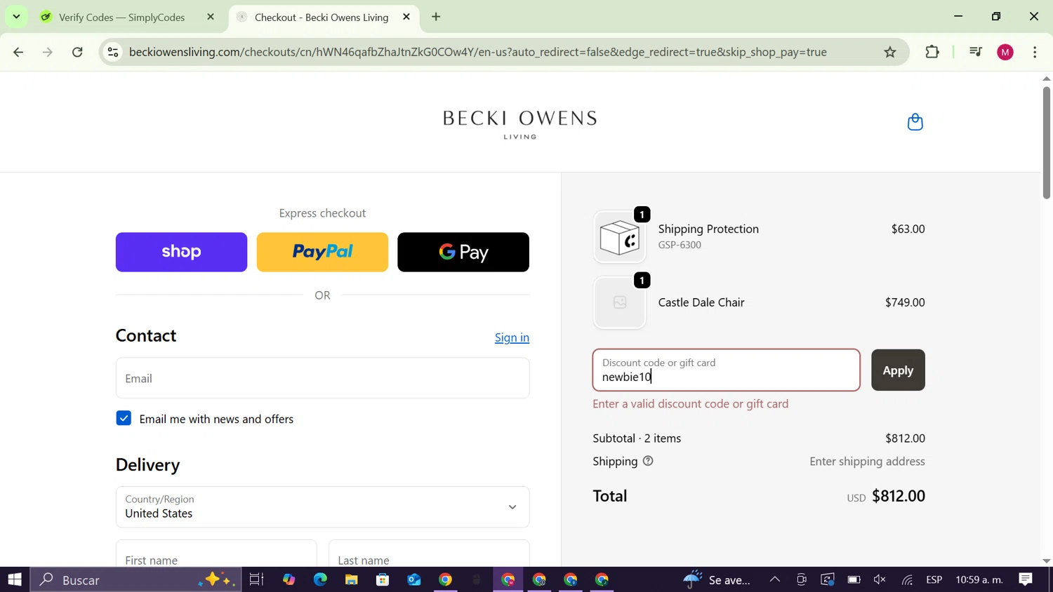 Becki Owens Living promo code screenshot showing code newbie10 applied at Becki Owens Living checkout page. Uploaded by SimplyCodes community member CouponAce9216 on Oct 14, 2025