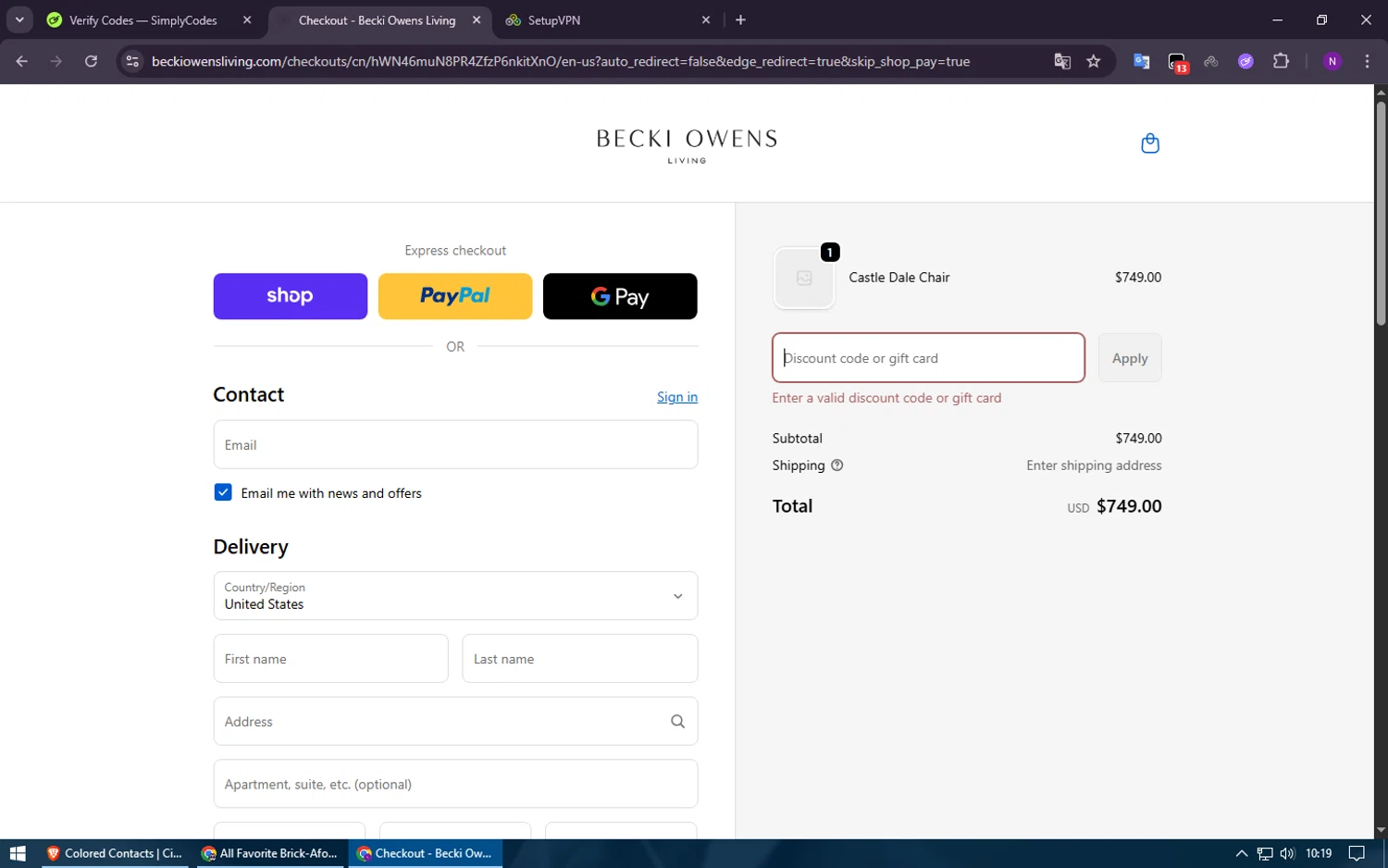 Becki Owens Living promo code screenshot showing code newbie10 applied at Becki Owens Living checkout page. Uploaded by SimplyCodes community member ShieldElite2370 on Oct 14, 2025