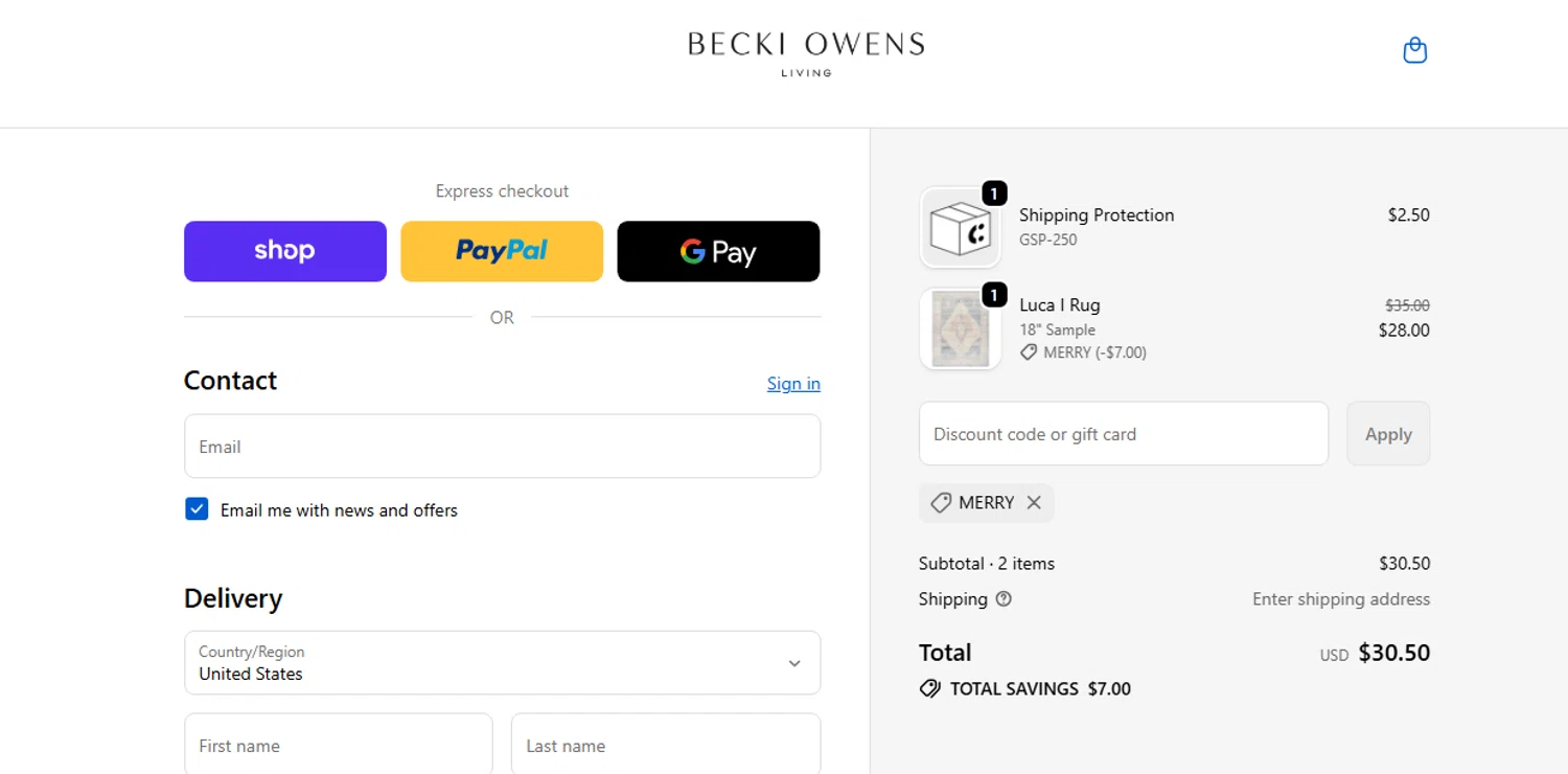 Becki Owens Living promo code screenshot showing code merry applied at Becki Owens Living checkout page. Uploaded by SimplyCodes community member Biden0442069257555 on Dec 13, 2025
