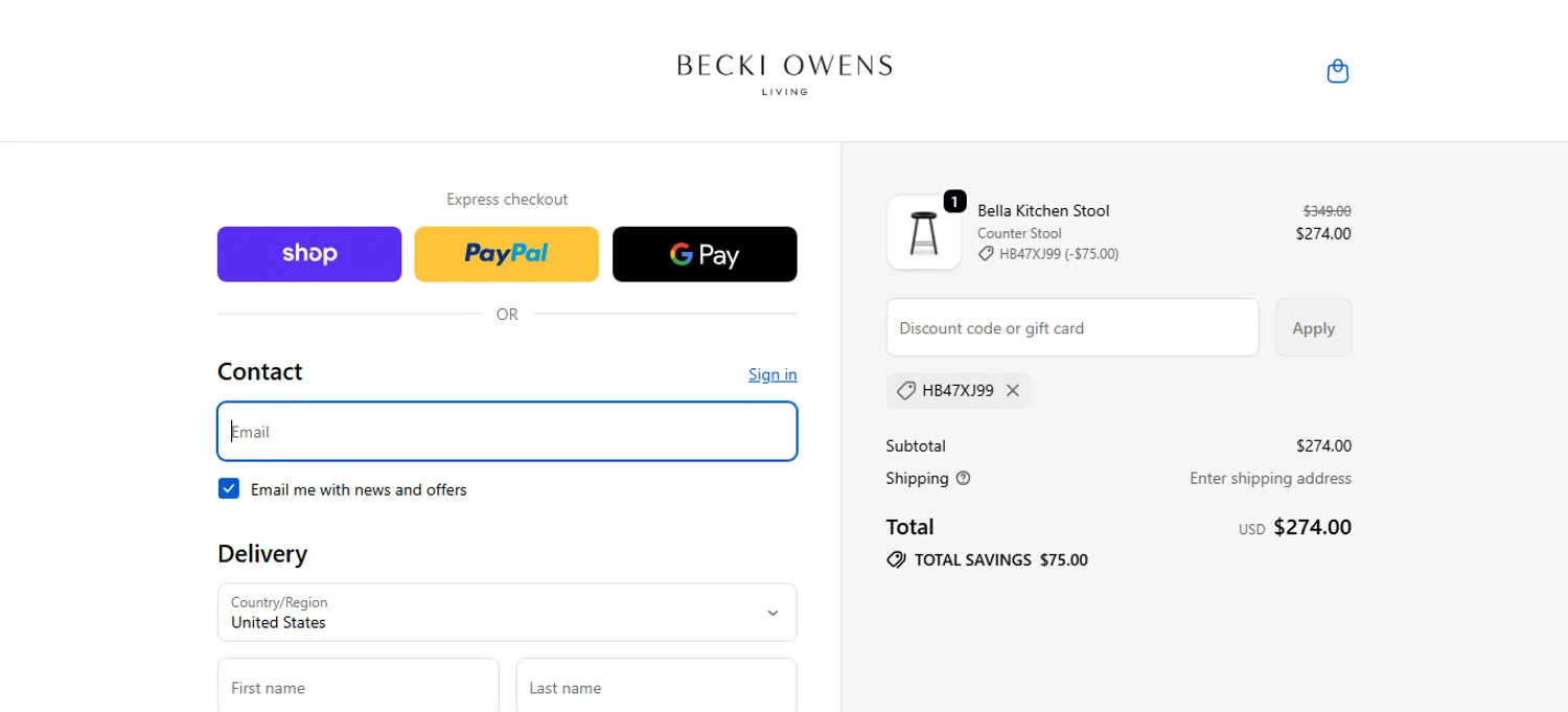 Becki Owens Living promo code screenshot showing code HB47XJ99 applied at Becki Owens Living checkout page. Uploaded by SimplyCodes community member bettercallkim on Oct 29, 2025