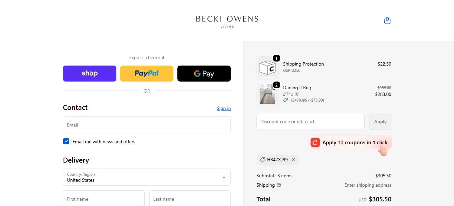 Becki Owens Living promo code screenshot showing code HB47XJ99 applied at Becki Owens Living checkout page. Uploaded by SimplyCodes community member bettercallkim on Oct 26, 2025