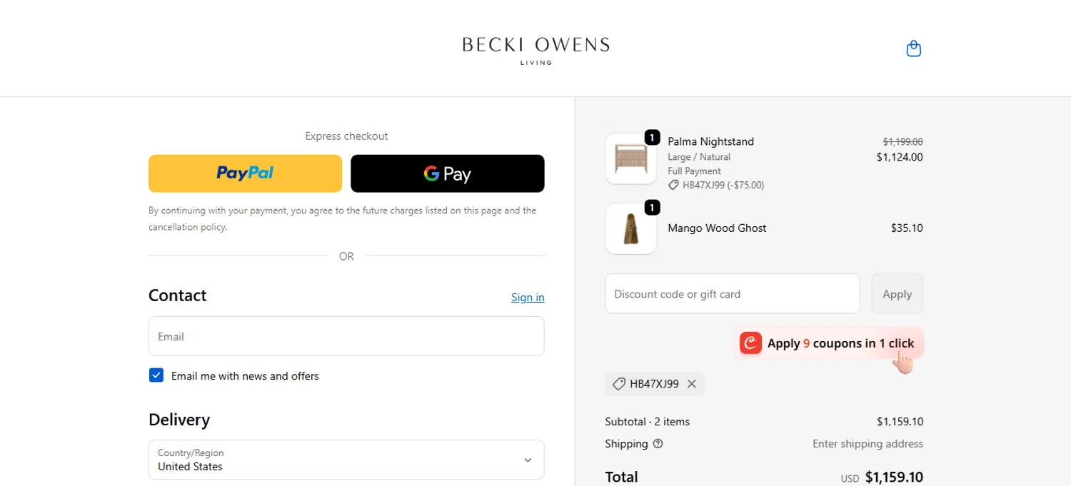 Becki Owens Living promo code screenshot showing code HB47XJ99 applied at Becki Owens Living checkout page. Uploaded by SimplyCodes community member bettercallkim on Oct 24, 2025