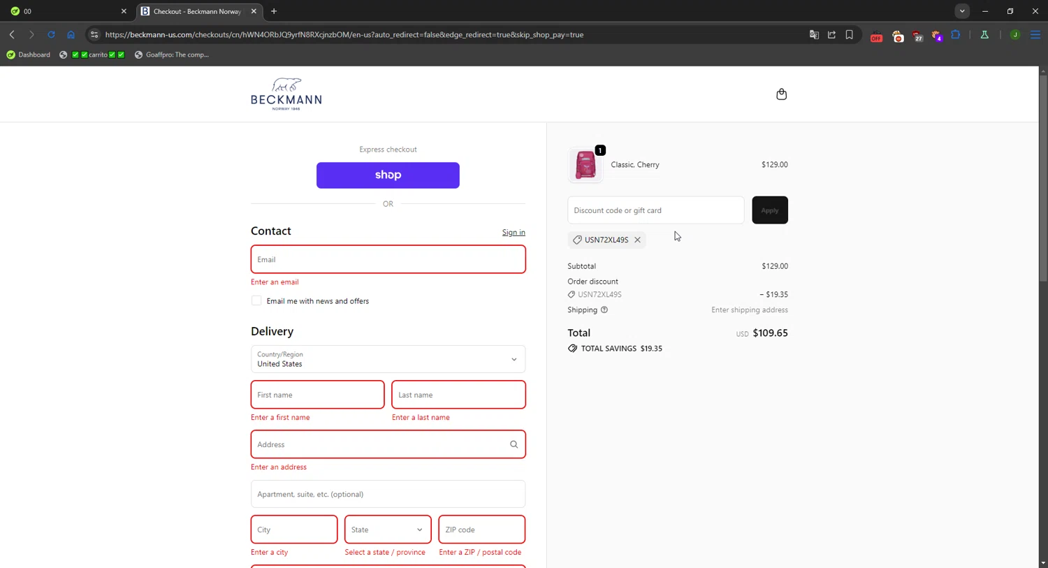 Beckmann Norway Inc promo code screenshot showing code USN72XL49S applied at Beckmann Norway Inc checkout page. Uploaded by SimplyCodes community member FortunateWizard717 on Oct 22, 2025