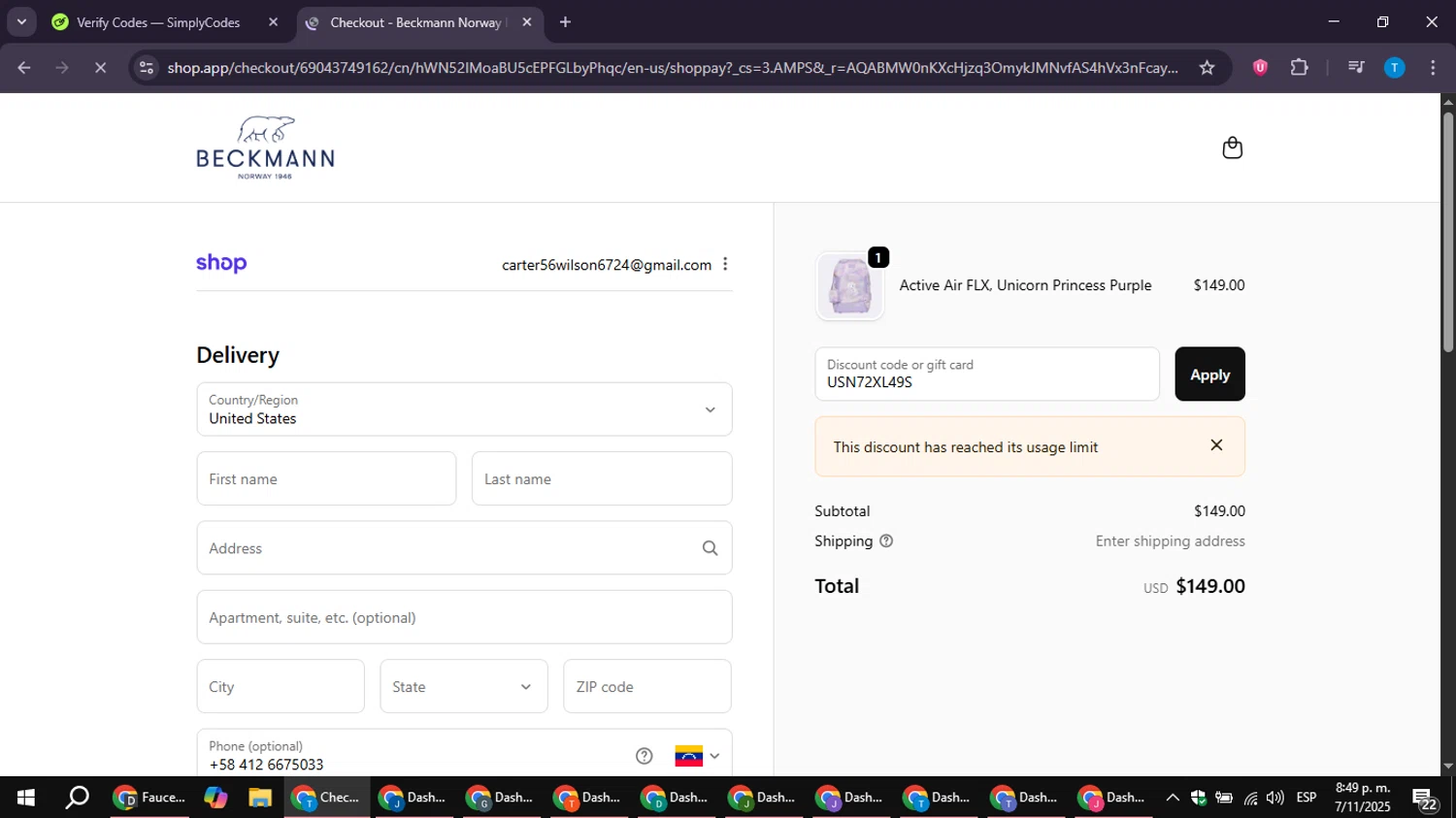 Beckmann Norway Inc promo code screenshot showing code USN72XL49S applied at Beckmann Norway Inc checkout page. Uploaded by SimplyCodes community member LuckyPioneer4530 on Nov 8, 2025