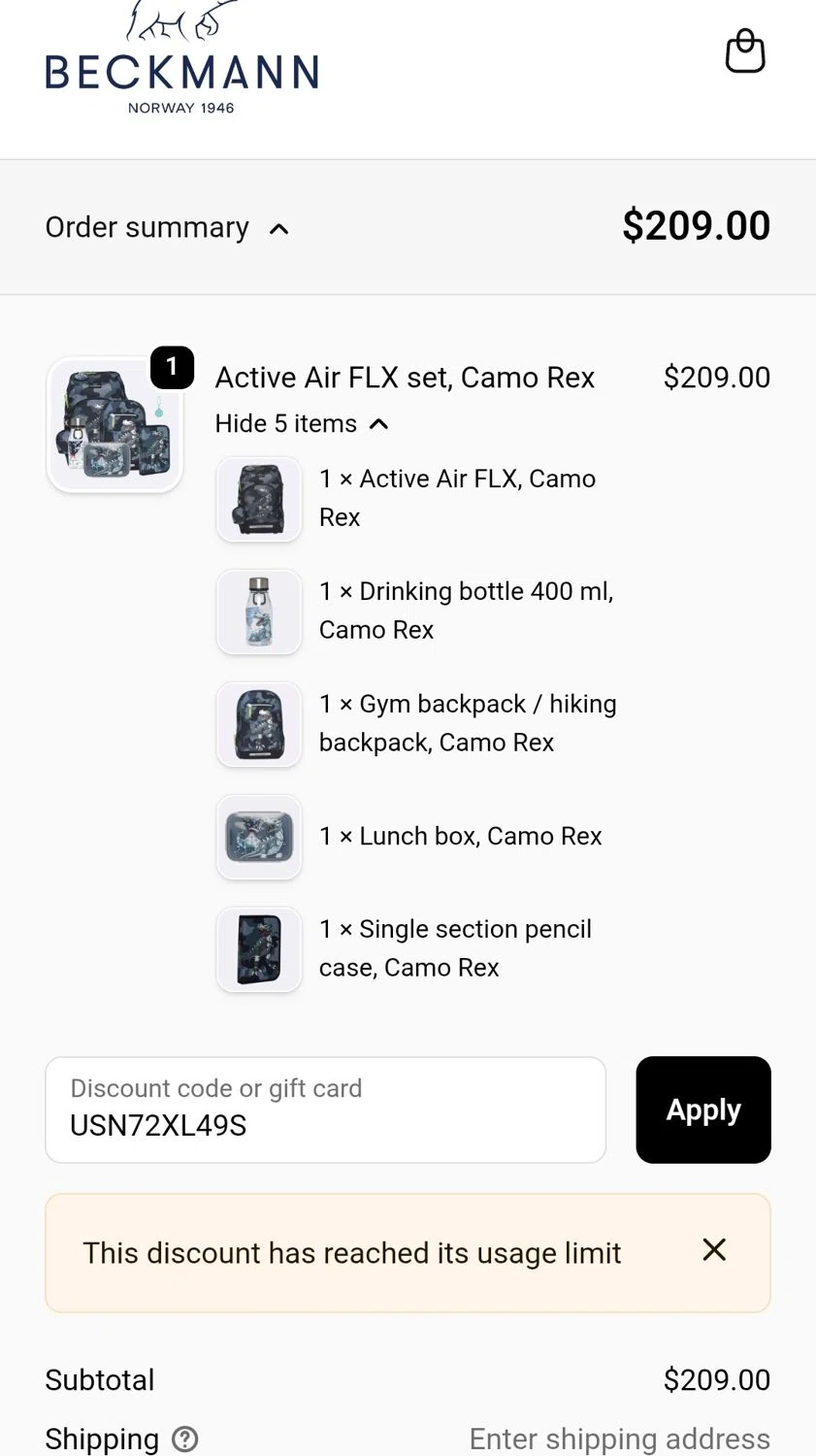 Beckmann Norway Inc promo code screenshot showing code USN72XL49S applied at Beckmann Norway Inc checkout page. Uploaded by SimplyCodes community member WiseCaptain5299 on Nov 8, 2025