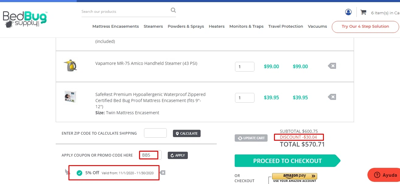 Bed Bug Supply checkout page showing Bed Bug Supply promo code box | Screenshot taken by SimplyCodes community member on Nov 7, 2020