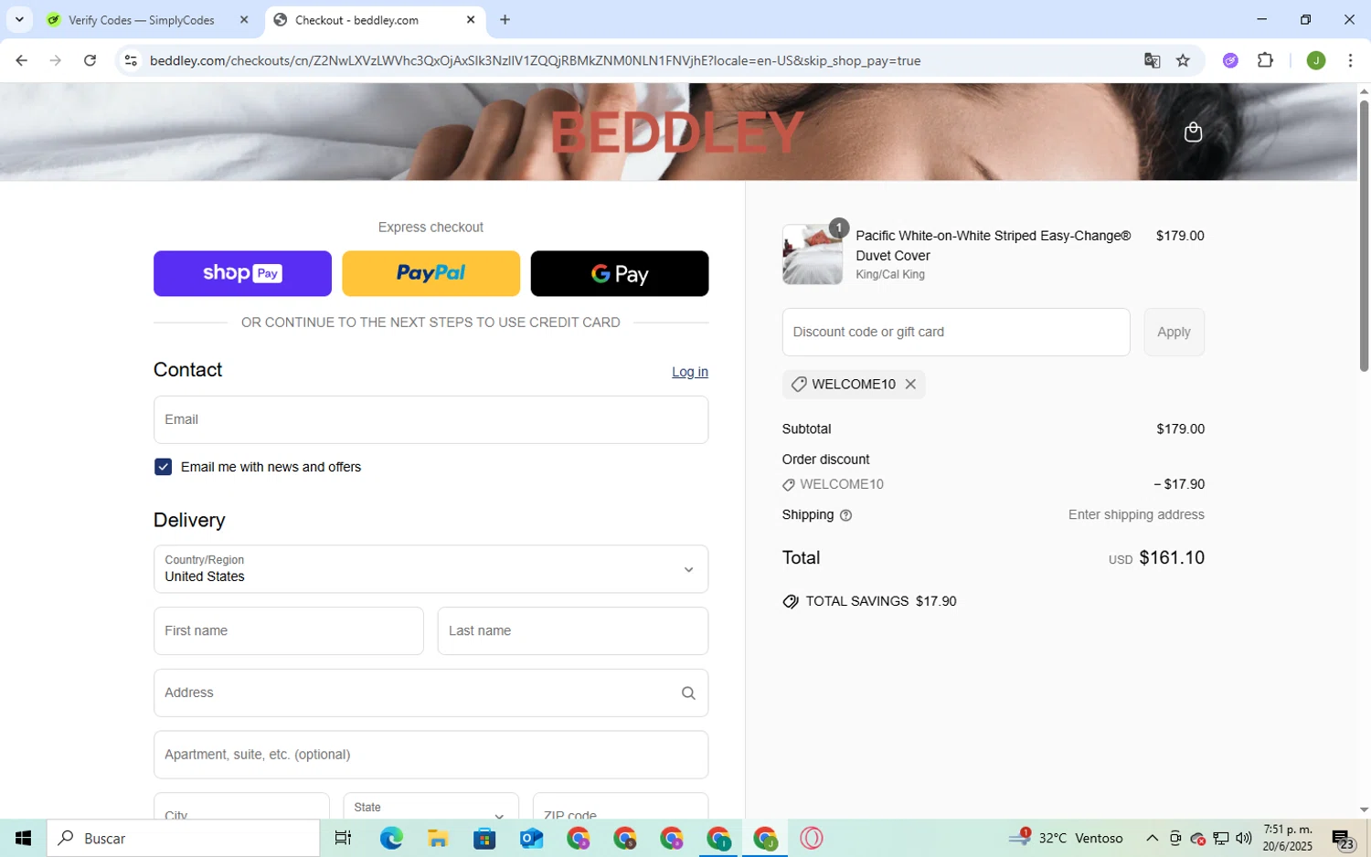 Beddley promo code screenshot showing code welcome10 applied at Beddley checkout page. Uploaded by SimplyCodes community member BukayoSaka on Jun 20, 2025