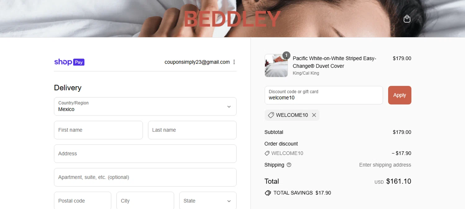Beddley promo code screenshot showing code welcome10 applied at Beddley checkout page. Uploaded by SimplyCodes community member Vanecobyuv on Jul 29, 2025