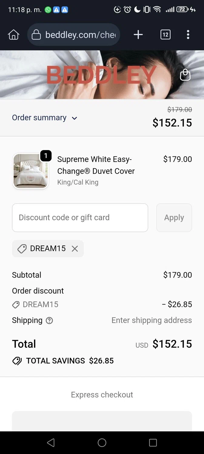 Beddley promo code screenshot showing code DREAM15 applied at Beddley checkout page. Uploaded by SimplyCodes community member Georg3 on Nov 22, 2025