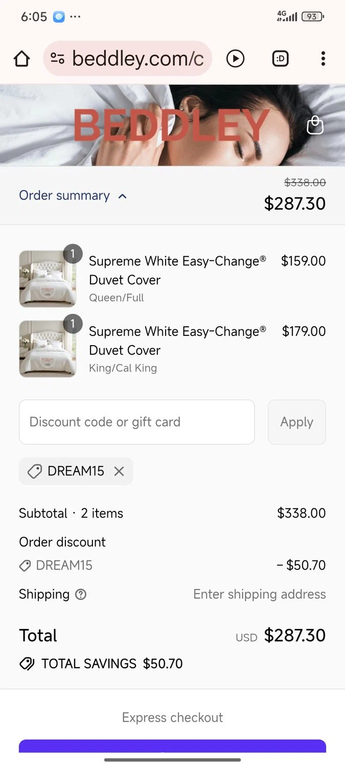 Beddley promo code screenshot showing code DREAM15 applied at Beddley checkout page. Uploaded by SimplyCodes community member Lamadama on Aug 28, 2025