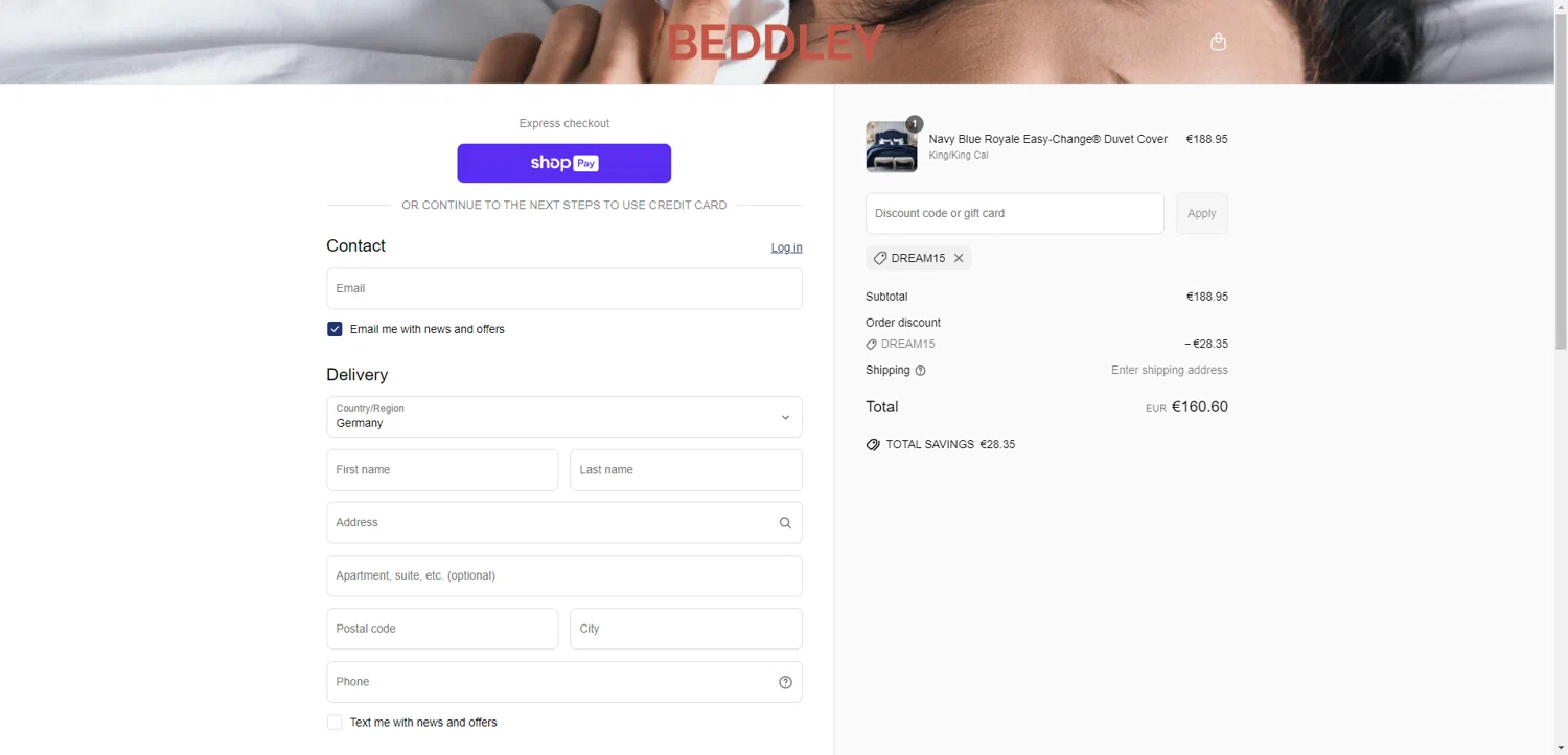 Beddley promo code screenshot showing code DREAM15 applied at Beddley checkout page. Uploaded by SimplyCodes community member RewardTitan728 on Jun 14, 2025