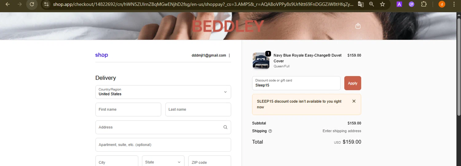 Beddley promo code screenshot showing code Sleep15 applied at Beddley checkout page. Uploaded by SimplyCodes community member PennyAdmiral6960 on Nov 22, 2025