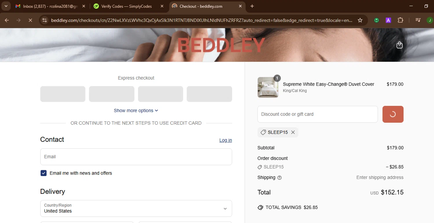 Beddley promo code screenshot showing code Sleep15 applied at Beddley checkout page. Uploaded by SimplyCodes community member SnoopDogg on Jun 20, 2025