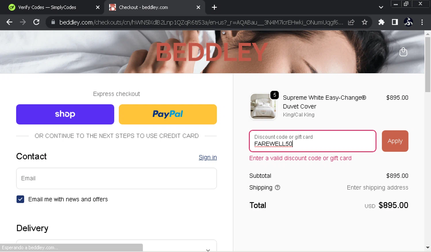 Beddley promo code screenshot showing code FAREWELL50 applied at Beddley checkout page. Uploaded by SimplyCodes community member SwiftOwl697 on Nov 27, 2025